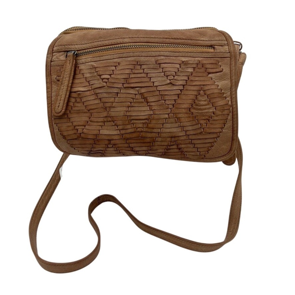Day & Mood Amber Leather Crossbody Bag Woven Panel Tan Brown